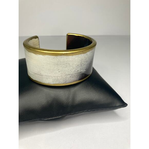 Cuff Bracelet Black Brown White Finish Antique Gold Tone Trim Statement Jewelry - Picture 7 of 8